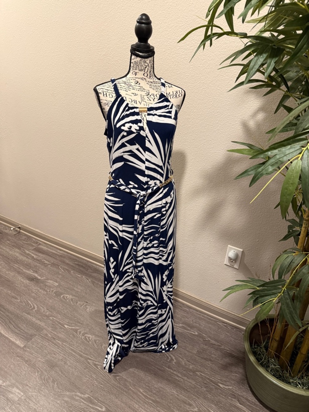 Glamour Navy and White Tropical Print Maxi Dress